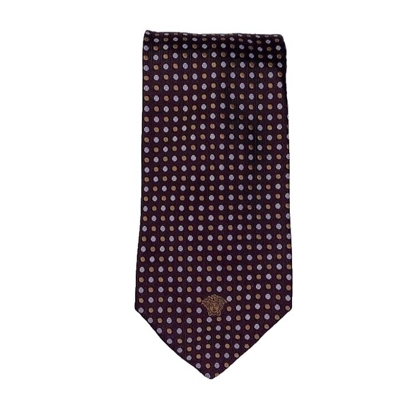 GIANNI VERSACE Neck‎ Tie Silk Made in Italy Brown Polka Dots Circles MEDUSA Mens